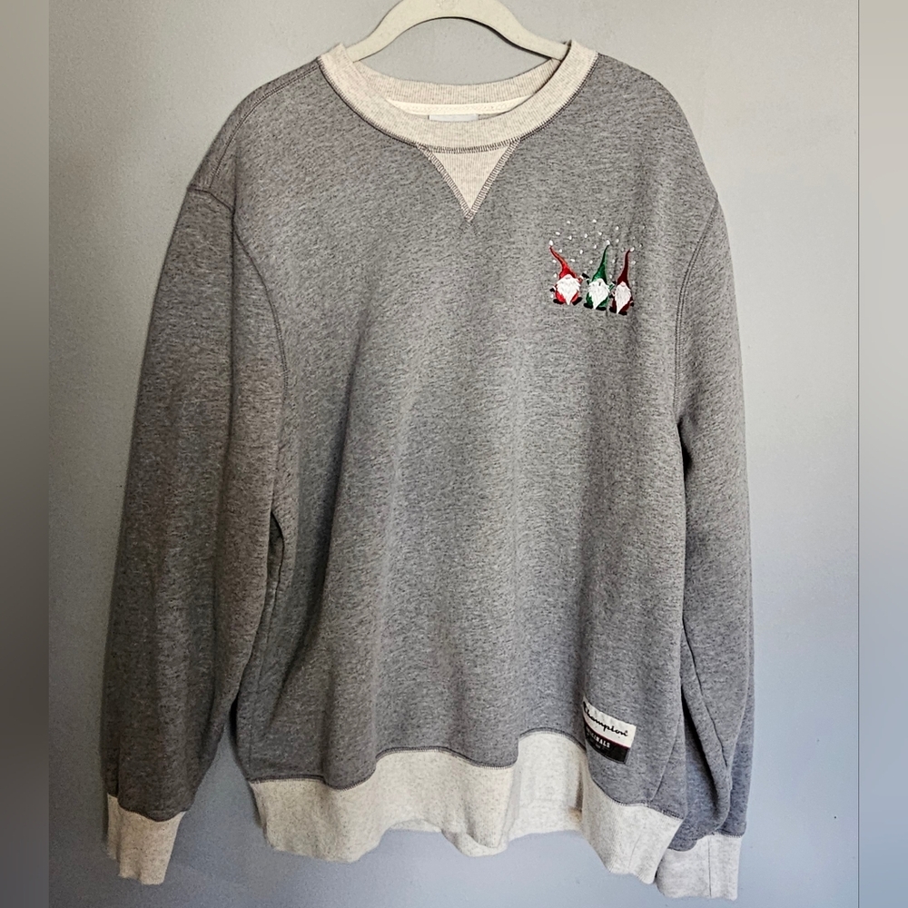 Vintage Champion Holiday Sweatshirt Gnome Santas Ugly Christmas XL Gray Cream